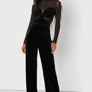 Lulus Edgy Charisma Black Mesh Velvet Cutout Long Sleeve Jumpsuit - Size L